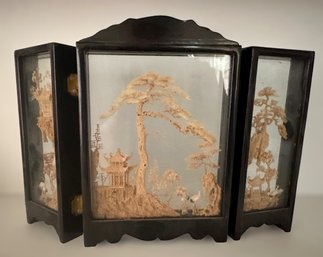 Vintage Cased Chinese Cork Art In Trifold Diorama