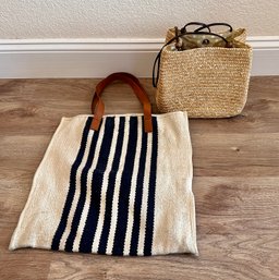 Beautiful Woven Handbag W/ Beads And Striped Tote