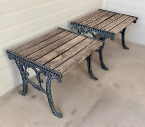 Wrought Iron And Wood Patio Side Tables - Set Of 2