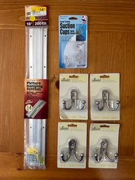 Picture Hanging System, Robe Hooks & Suction Cup Hooks - Lot Of 6
