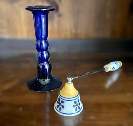 Artisan Hand Blown Cobalt Candle Stick Holder And Beautiful Candle Snuff