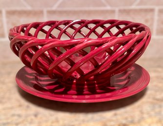 William Sonoma Red Ceramic Lace Fruit Bowl And Pier 1 Platter