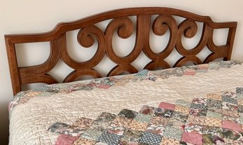 Mid Century Pecan Spanish Style Queen Head Board And Frame W/ Floral Bedding And Pillows