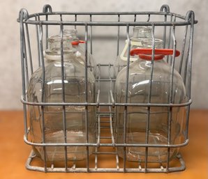 Vintage Metal Milk Crate W/ 4 Gallon Glass Milk Jugs