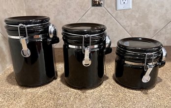 Black Oggi Air Tight Canisters W/ Serving Spoons - Set Of 3