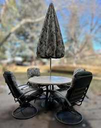 Round Stone Top Table W/ 4 Chairs, Umbrella And Covers