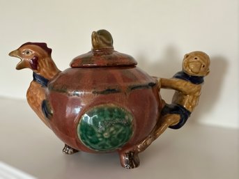 Majolica Style Monkey Chicken & Snail Teapot