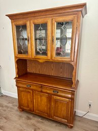 Beautiful Oak China Cabinet W/ Metal Finishings & Lighting