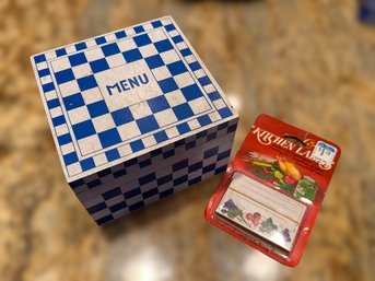 Vintage Blue Checkered Recipe Box W/ Cards