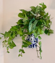 Beautiful Blue And White Wall Vase W/ Faux Vines