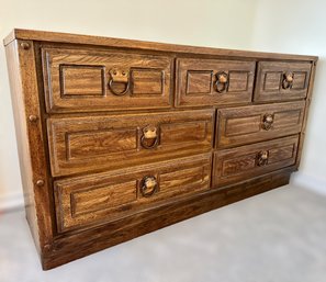Beautiful Rustic Oak Dresser W/ Leather And Metal Handles