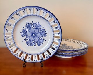 Beautiful Hand Painted White And Blue Floral Portuguese Plates - Set Of 4