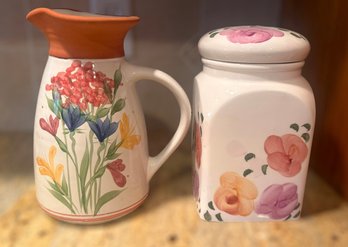 Beautiful Vintage Floral Pitcher And Canister