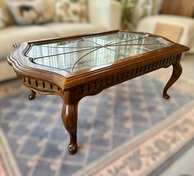 Intricate Wood Coffee Table W/ Detailed Glass Top