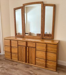 Solid Oak MCM Dresser W/ Mirror