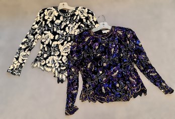 Vintage Black Tie Occasion Beaded And Silk Blouses Size M - Set Of 2