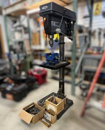 Central Machinery 12 Speed Production Drill Press W/ Drill Bits, Chucks, Milling Blocks, Clamps & More