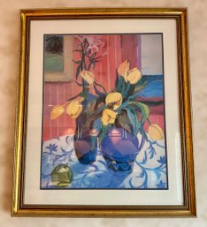 Gorgeous Yellow Tulips In Vase Print In Gold Frame