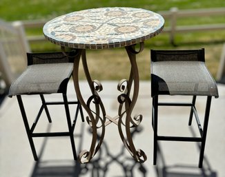 Lovely Outdoor Ceramic Mosaic Tall Round Bar Table And Bar Stools
