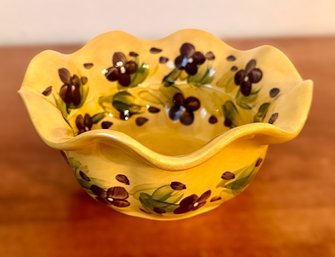 Hand Painted Purple Floral And Yellow Ruffled Bowl