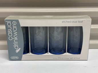 Etched Blue Leaf Glasses By Home - Set Of 4