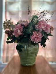 Stunning Faux Floral Arrangement W/ Green Pottery Vase