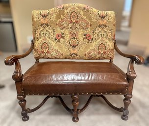 Rare Vintage Floral Upholstered And Leather Accent Sofa Bench