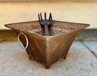 Rustic Square Planter Pot W/ Garden Cultivator Hand Tool