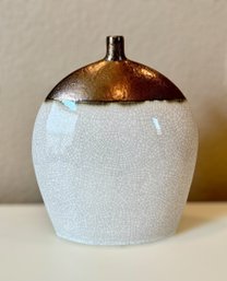 Beautiful Decorative Thin Ceramic Crackle Glazed Vase W/ Bronze Metallic Top