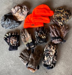 Collection Of Camo Hunting Gloves And Orange Hunting Beanie's - Lot  Of  12