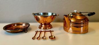 Remarkable Vintage Copper & Brass Tea Kettle, Measuring Spoons, Colander, & Strainer