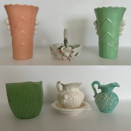 Vintage Anchor Hocking Fire King Collection Green & Pink Floral Vases W/ Vintage Ceramic Pieces