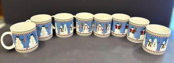 Fantastic Collection Of Genuine Stoneware Mugs Titled Snowman By Debbie Mumm - Lot Of 8