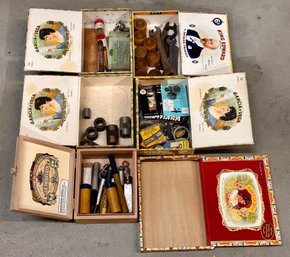 Great Assortment Of Vintage Tools In Cigar Boxes