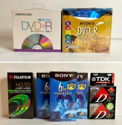 Fuji Film HQ 120 VHS Tape, Sony T-120 VHS Tape, & TDK High Output Cassette Tapes And DVD-R Packs