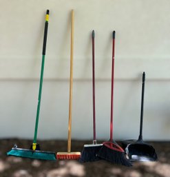 Great Assortment Of Colorful Brooms W/ A Black Dustpan