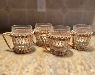 Beautiful Vintage  Rattan Wicker  Mugs. Lot Of 4