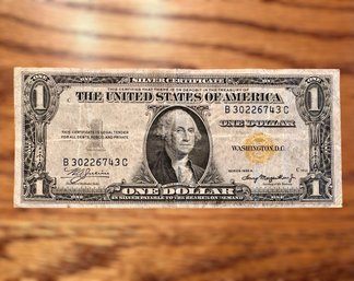 Vintage USA $1 Silver Certificate W/ Yellow Stamp