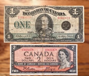 Vintage Canada Currency W/ $1 Bill & $2 Bill - Lot Of 2