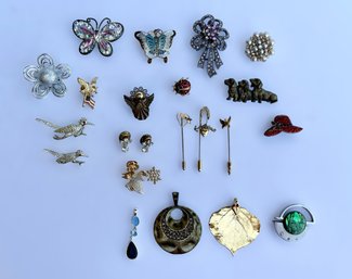 Gorgeous Assortment Of Brooch Pins, Stick Pins, & Necklace Pendants W/ Butterflies, Angels, & More - Lot Of 22