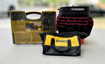 Tool Storage Containers W/ DeWalt Bag, Stanley Organizer, & Husky Bucket Jockey - Lot Of 3