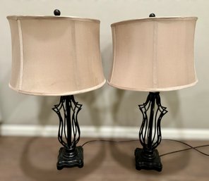 Ornate Scroll Wrought Iron Lamp Base W/ Cream Shade - Set Of 2