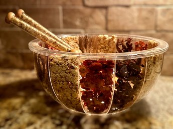 Unique Clear Salad Bowl W/ Decorative Spices And Salad Untensils