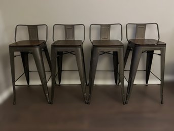 Brown And Metal Low Back Bar Stools - Set Of 4