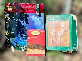 Outdoor Lighted Christmas Lawn Decorations W/ Candy. Cane Path, Green Tree, & Standing Deer - Lot Of 3