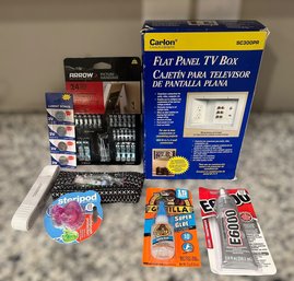 Glue, Tooth Brush Cover, Flat Tv Box, Seeing Kit, Picture Hanging Kit And Batteries