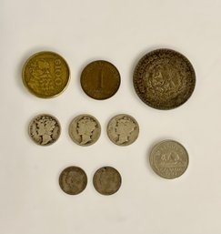 Assortment Of Old & Foreign Coins W/ US Dimes, Canadian Nickels, Mexican Pesos, & Austria Shilling