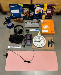 Lot Of Office Supplies Featuring Headphones, Mega Phone, And More