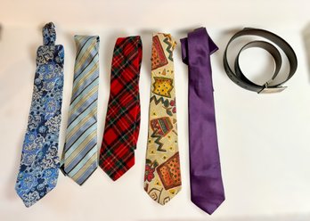 Colorful Assortment Of Neckties & Genuine Leather 34/85 Penguin Belt - Lot Of 6