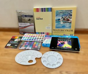 Assortment Of Watercolor Painting Supplies, Pastels, & Stamp Markers (includes Plastic Tote)